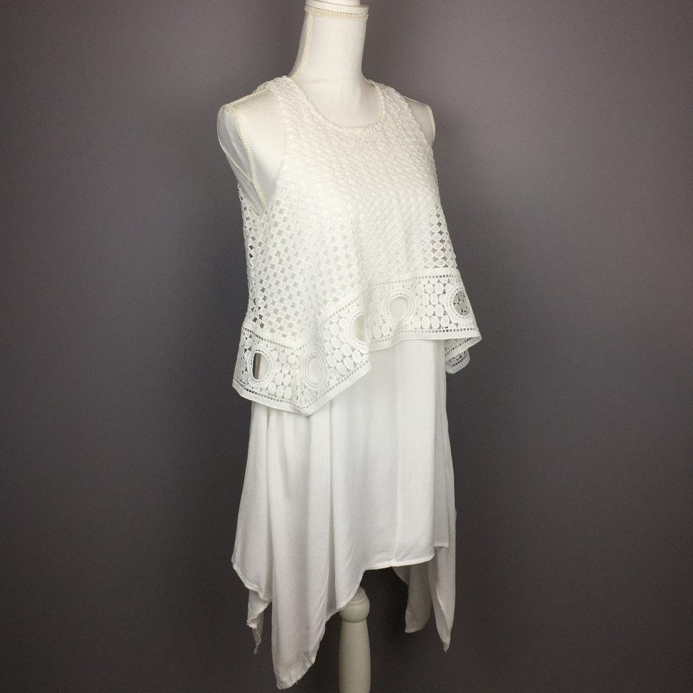 ALYA Lace Overlay Hankerchief Hemline Dress